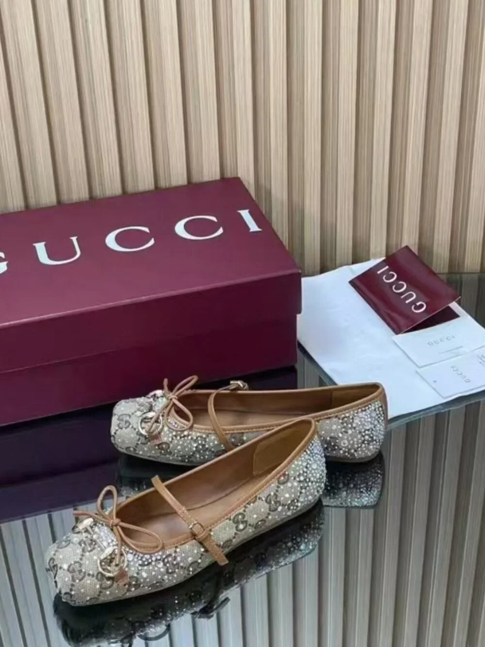 Gucci Monogram Canvas Rhinestone Horsebit Bow Mary‑Jane Flats